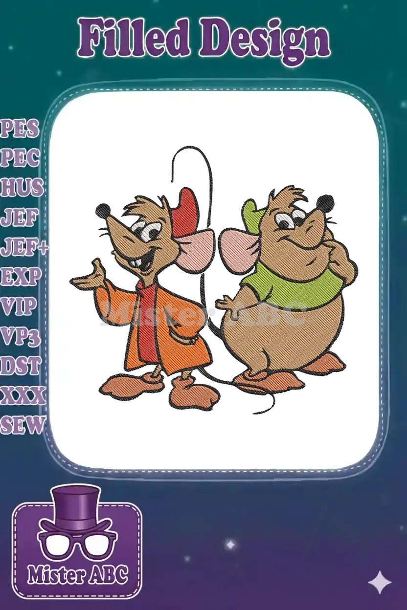Delightful embroidery design featuring Jaq and Gus, Cinderella's charming mouse friends, ready to stitch. Perfect for adding a touch of classic Disney magic to any project.