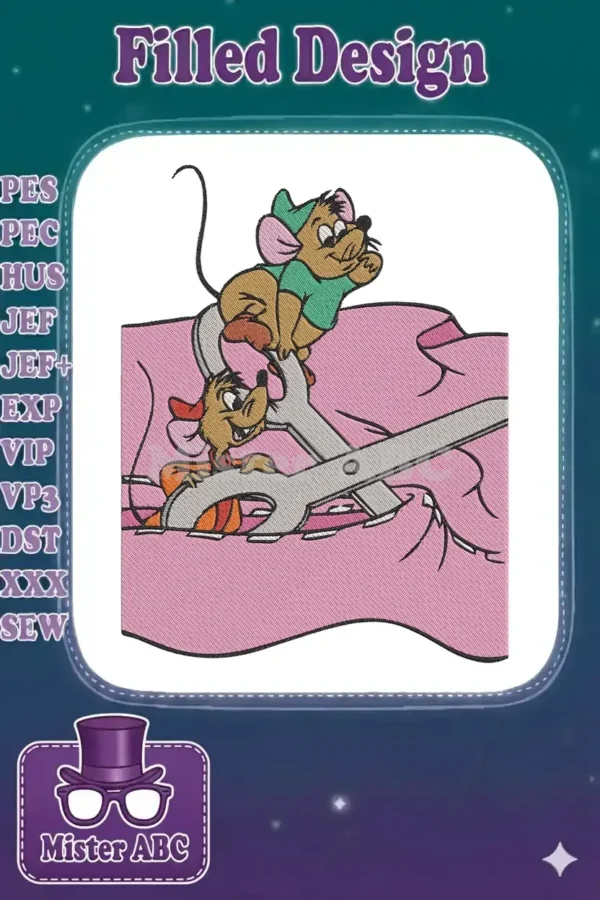 Jaq and Gus from Disney's Cinderella, wearing their signature outfits, are depicted comically cutting pink fabric with oversized scissors.