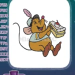 Happy cartoon mouse holding a delicious cake slice embroidery designs - Instant Download