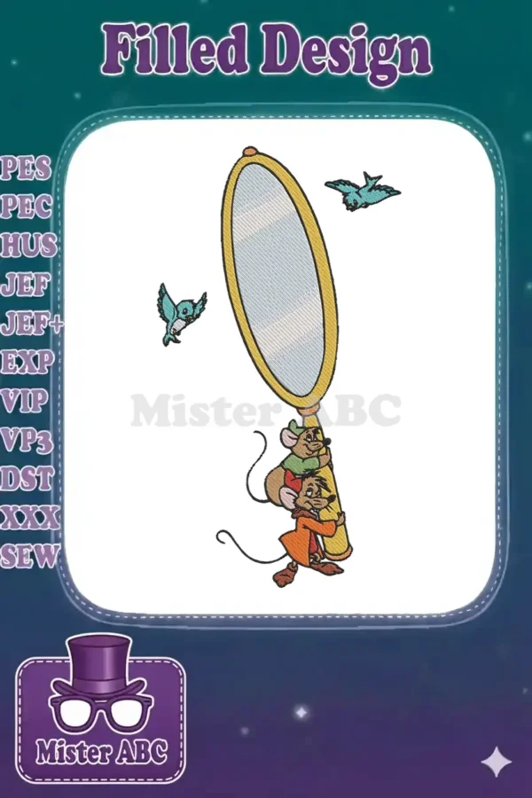 Charming Jaq, Gus, and bluebirds from Cinderella clinging to a golden mirror, a delightful embroidery design.