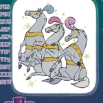 Three whimsical grey horses with colorful plumes embroidery designs - Instant Download