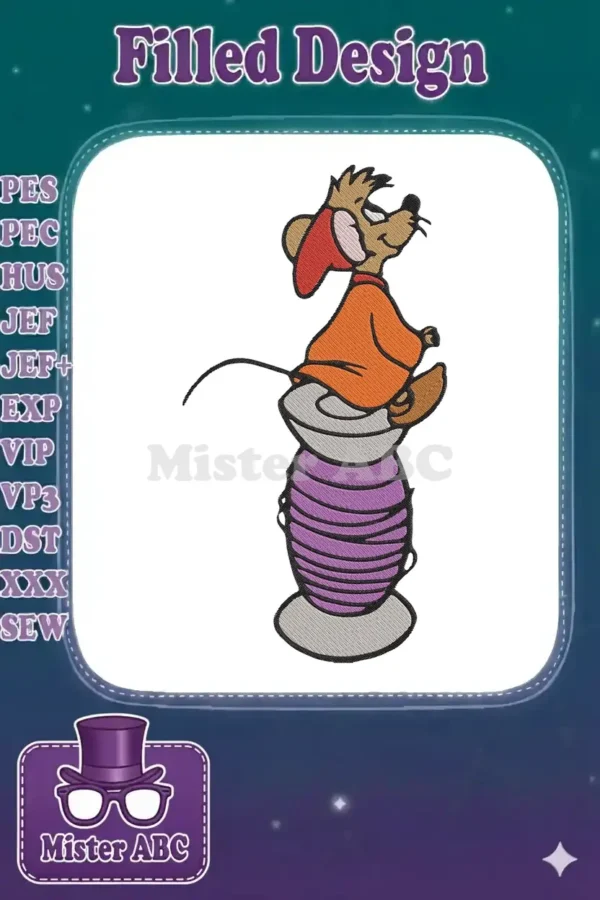 Gus Gus mouse embroidery design, featuring the beloved character from Cinderella sitting on a purple thread spool.