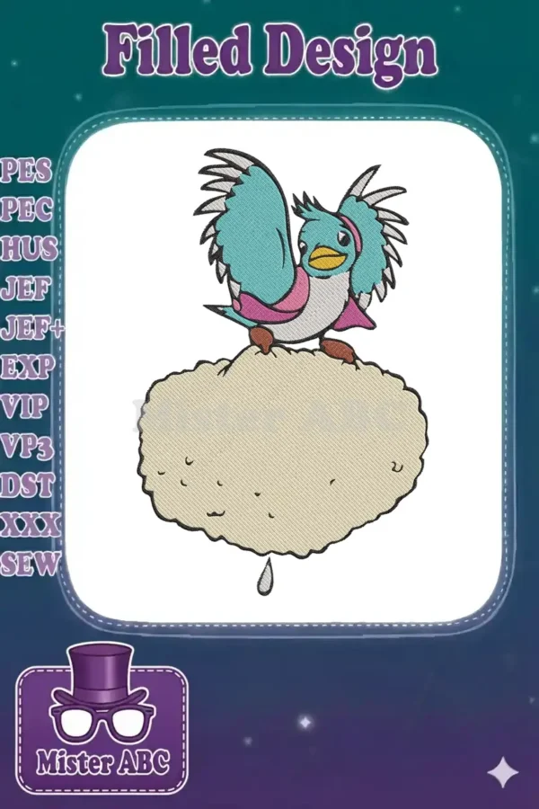 Detailed embroidery of a cheerful blue bird with pink accents, perched on a customizable beige cloud design.
