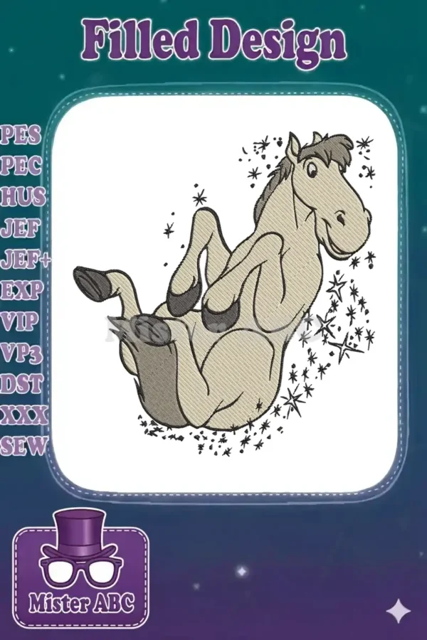 A cheerful cartoon horse embroidery design, light brown, joyfully rolling on its back amidst sparkling stars.