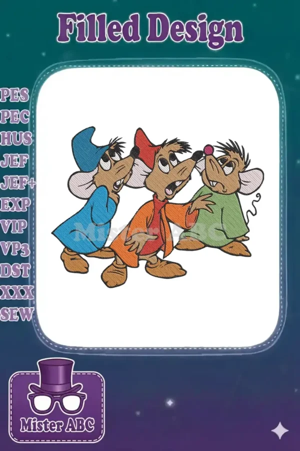 Three charming cartoon mice, including Jaq and Gus, in vibrant embroidery, perfect for Disney fans.