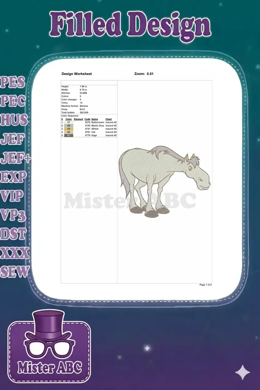 Embroidery design worksheet detailing dimensions, stitch count, color sequence, and machine compatibility.