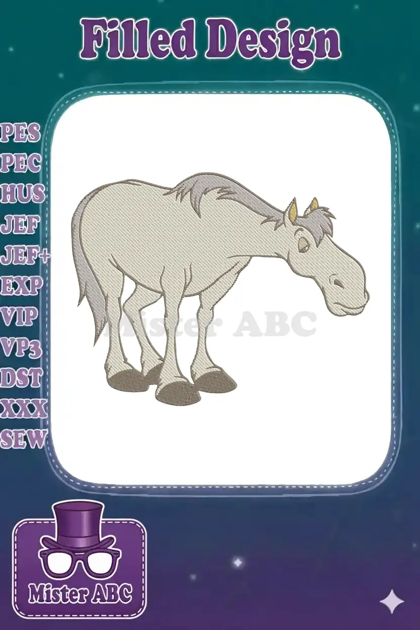 A detailed embroidery design of a light-colored cartoon horse, looking down, rendered with fill stitches.