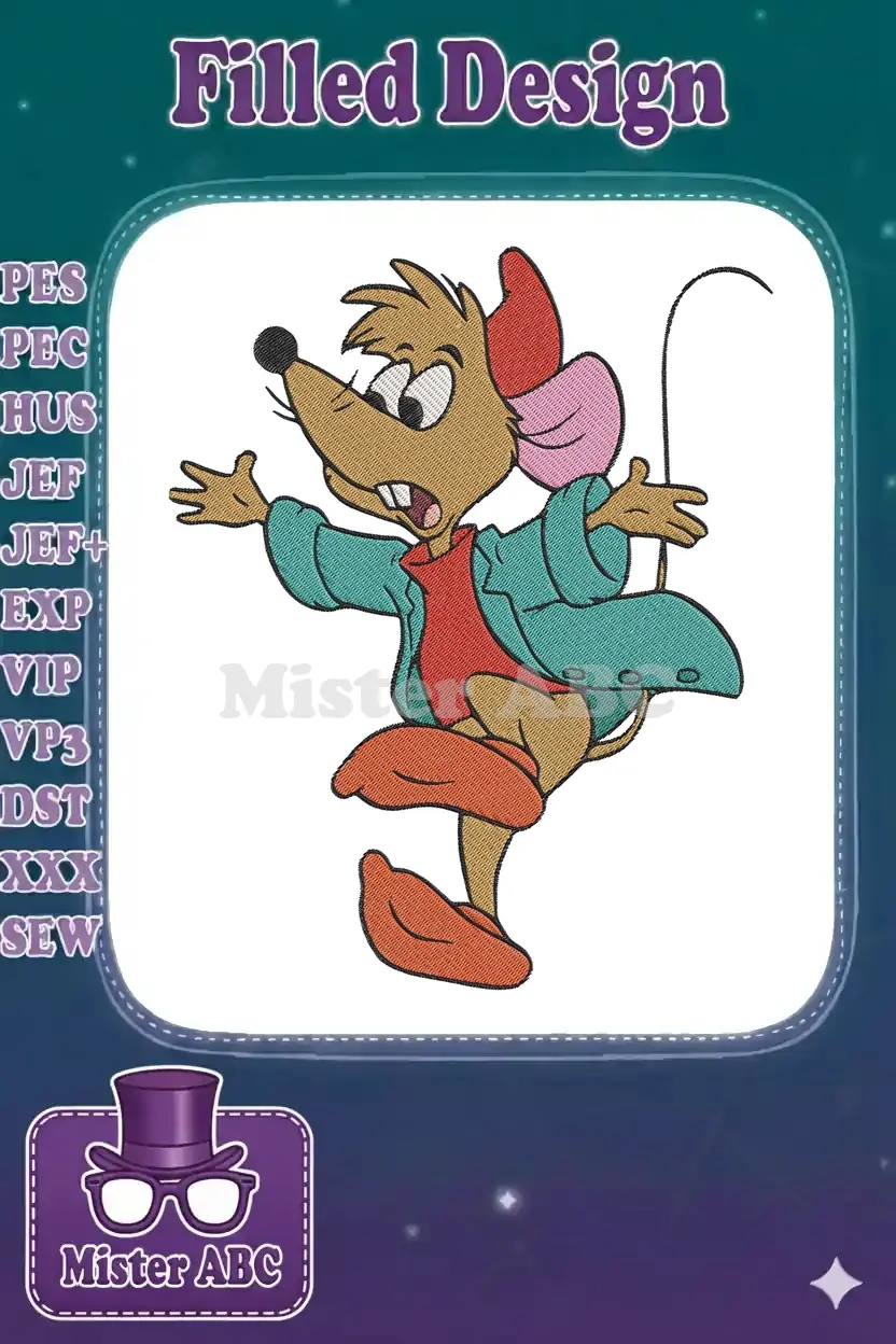 Close-up of a vibrant, detailed Gus Gus embroidery design, showcasing his expressive face and dynamically posed body.