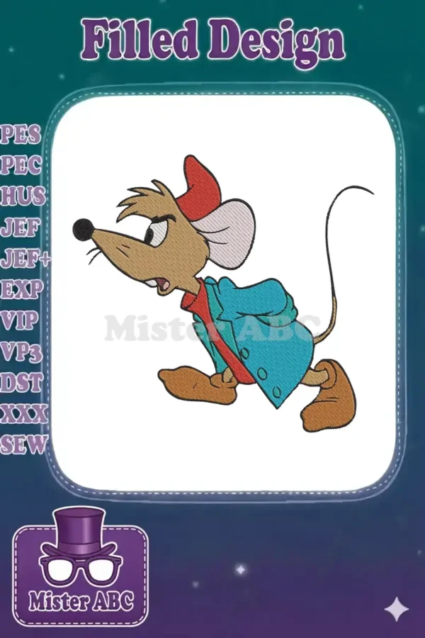 Detailed embroidery design of Gus Gus from Cinderella, looking determined in his blue jacket and red hat.