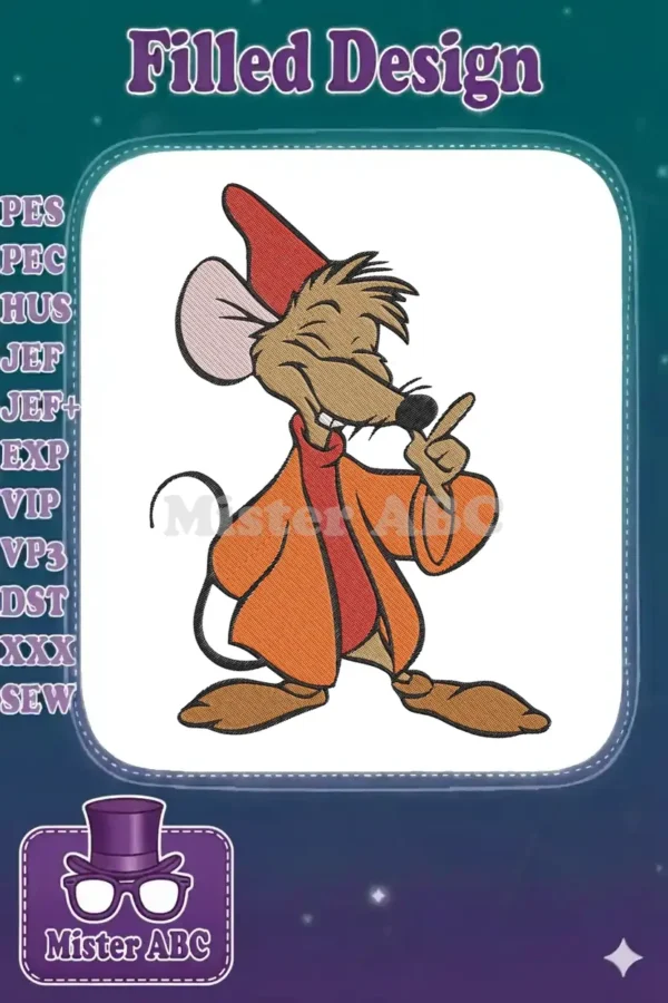 Vibrant embroidery design of Jaq, the playful mouse from Disney's Cinderella, in his iconic orange coat and red hat.