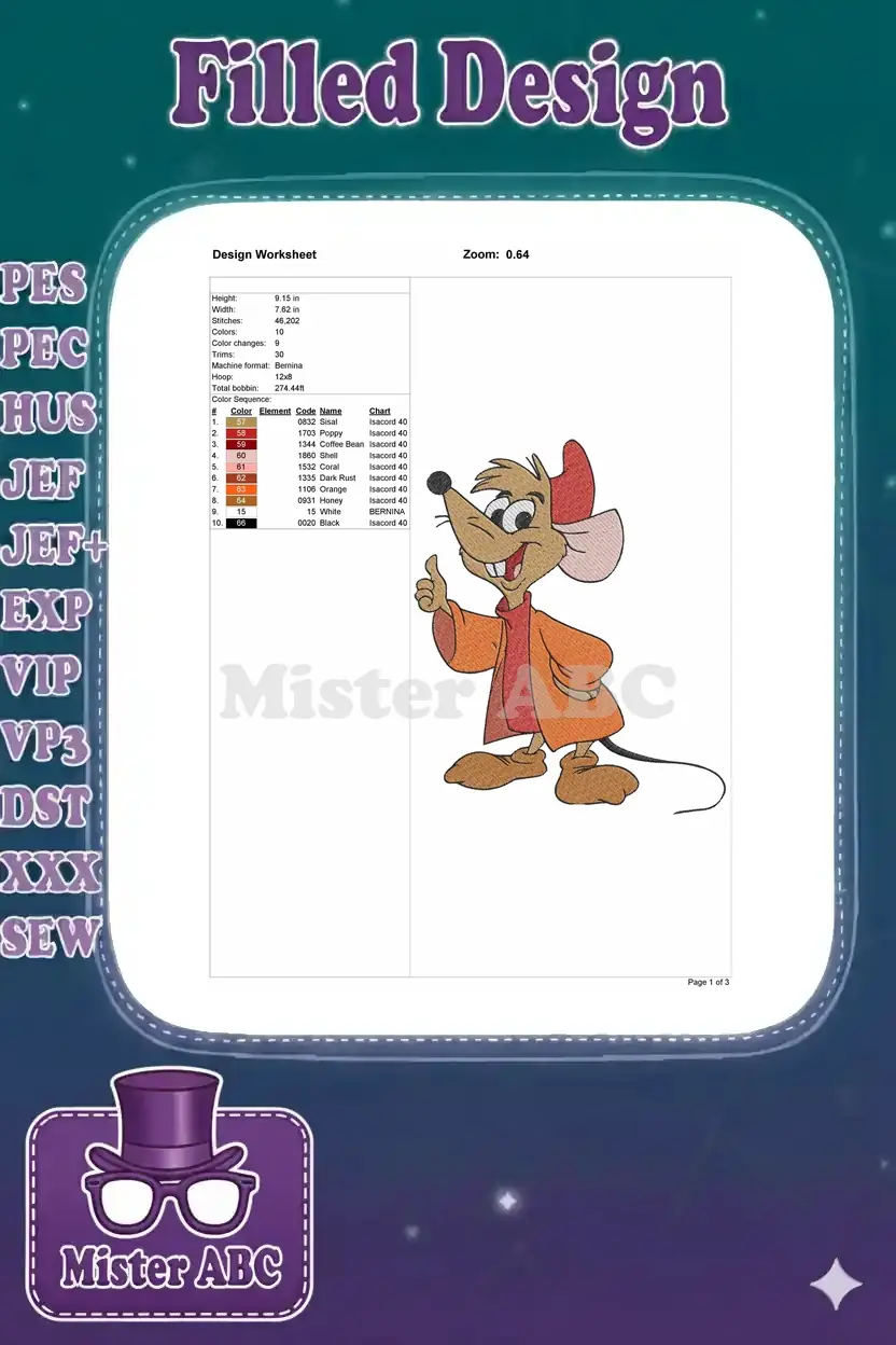 Detailed embroidery design worksheet for Gus Gus, showing dimensions, stitch count, and color chart information.