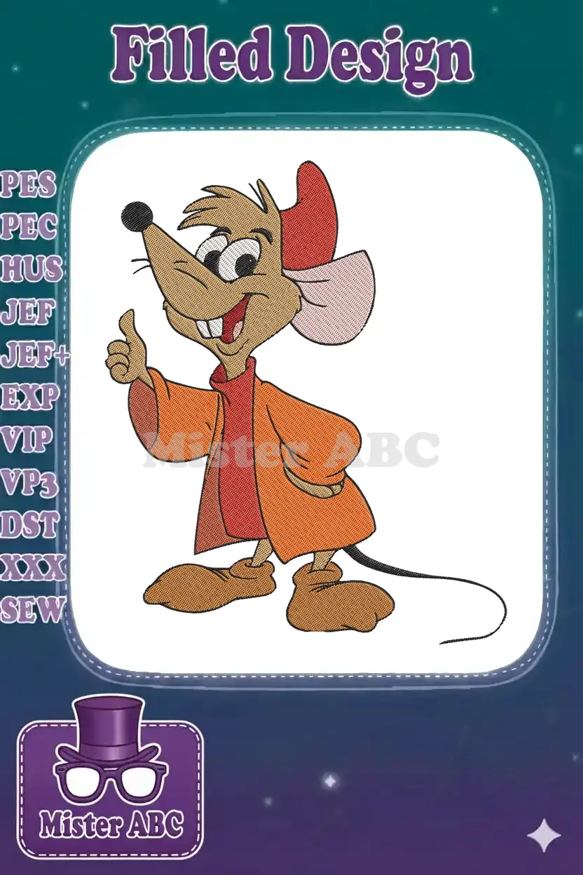 A cheerful Gus Gus embroidery design, the lovable mouse from Cinderella, giving a happy thumbs-up gesture.