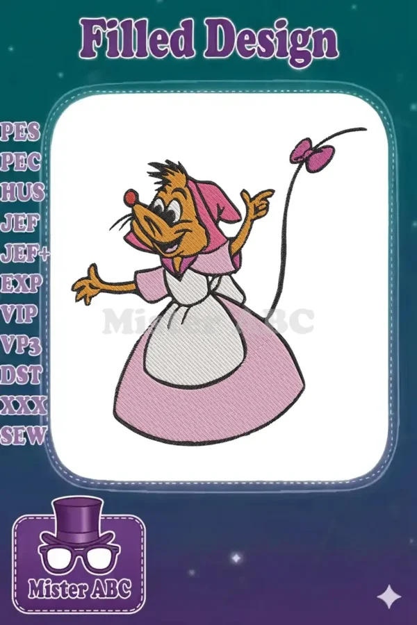 A vibrant machine embroidery design of Jaq Jaq from Cinderella, wearing a pink dress and bonnet.