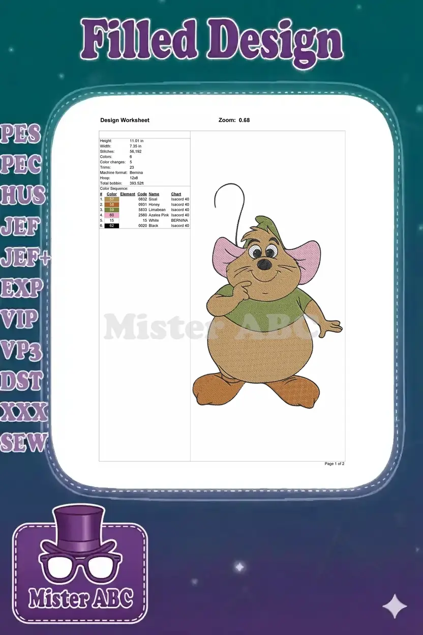 Embroidery design worksheet for Gus Gus, detailing dimensions, stitch count, colors, and machine compatibility.