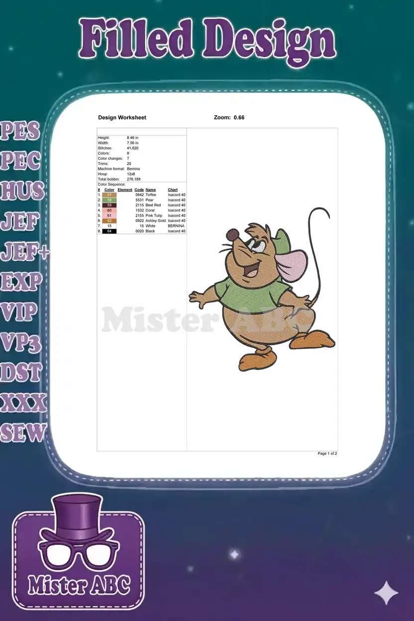 Embroidery design worksheet for Gus Gus, showing dimensions, stitch count, color sequence, and thread details.