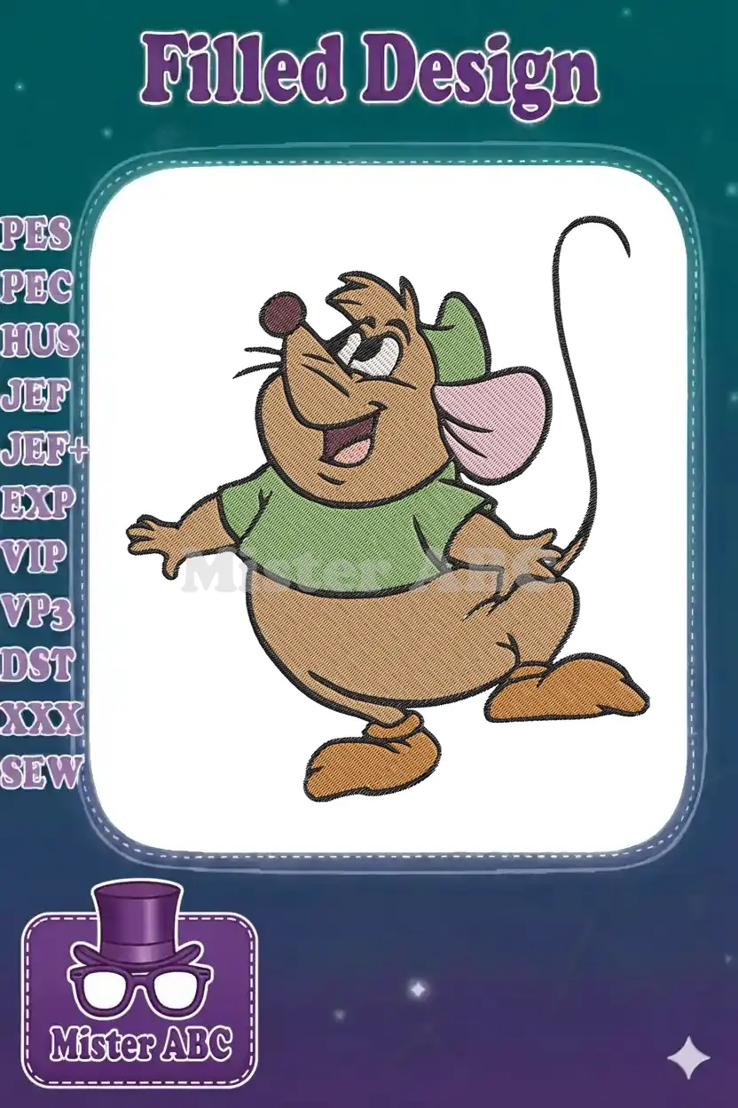 Charming Gus Gus embroidery design, a cheerful mouse from Cinderella, featuring detailed satin and fill stitches.