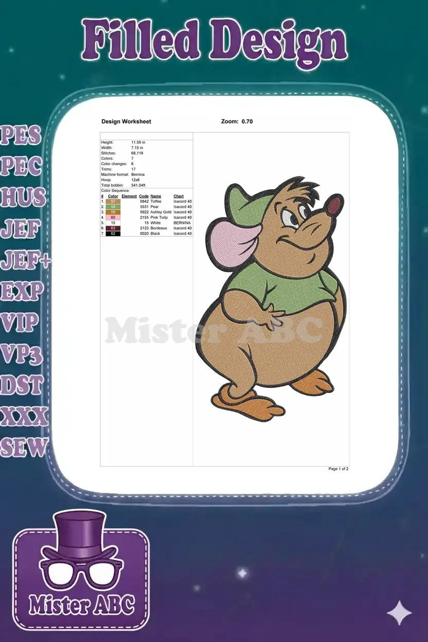 An embroidery design worksheet detailing Jaq's dimensions, stitch count (68,119), 7 colors, and thread sequence for production.