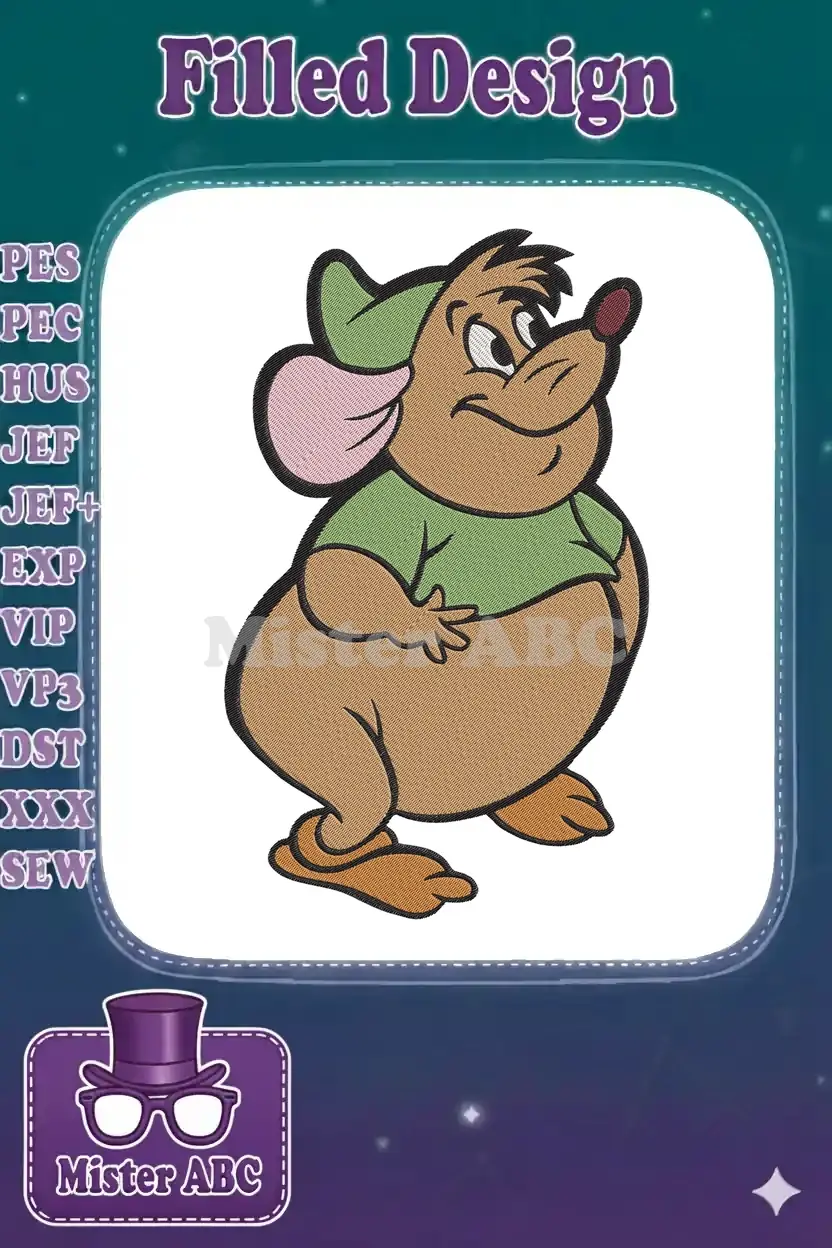 A charming embroidery design of Jaq, the plump mouse from Disney's Cinderella, smiling mischievously in his green outfit.
