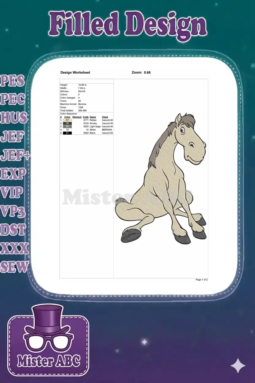 A detailed embroidery design worksheet displaying the cartoon horse, stitch count, dimensions, and color sequence.