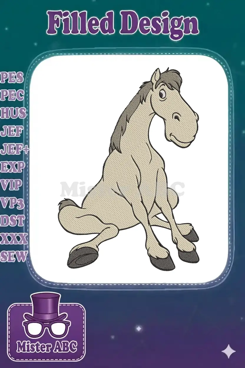 A charming embroidery design of a cartoon horse with a friendly expression, sitting down calmly, ready for stitching.
