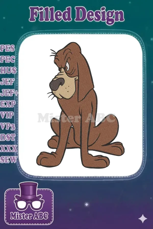 Embroidered Droopy Dog design, a classic cartoon character, sitting with his signature melancholic expression.