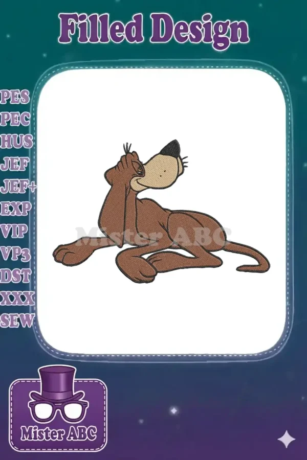 Embroidered cartoon dog design, lying down with a friendly expression, showcasing detailed stitching and rich brown hues.