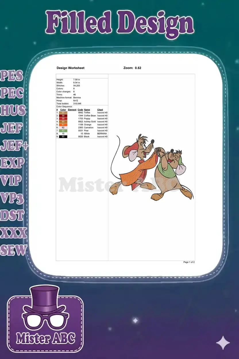 Detailed embroidery design worksheet for Jaq and Gus, showing dimensions, stitch count, and color sequence.