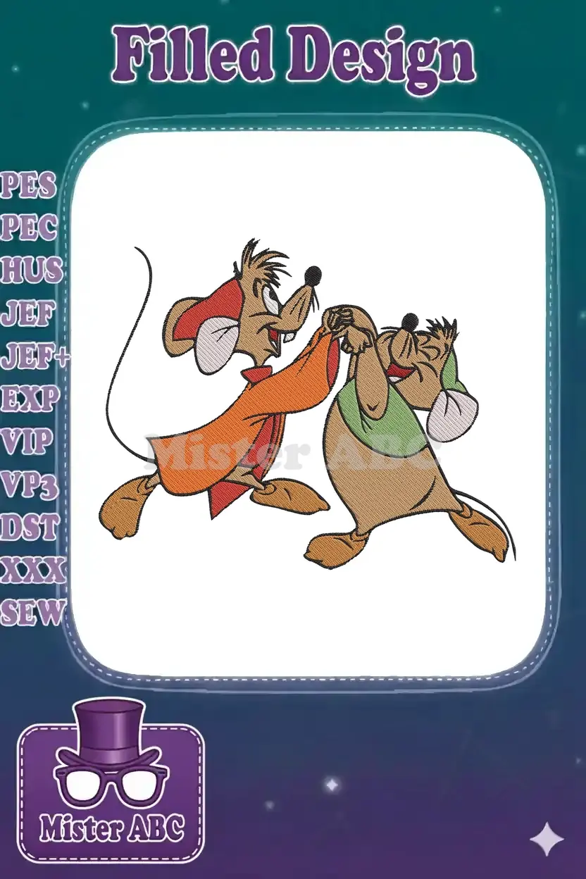 Jaq and Gus from Disney's Cinderella, captured in a lively, full-stitch embroidery design, ready for any project.