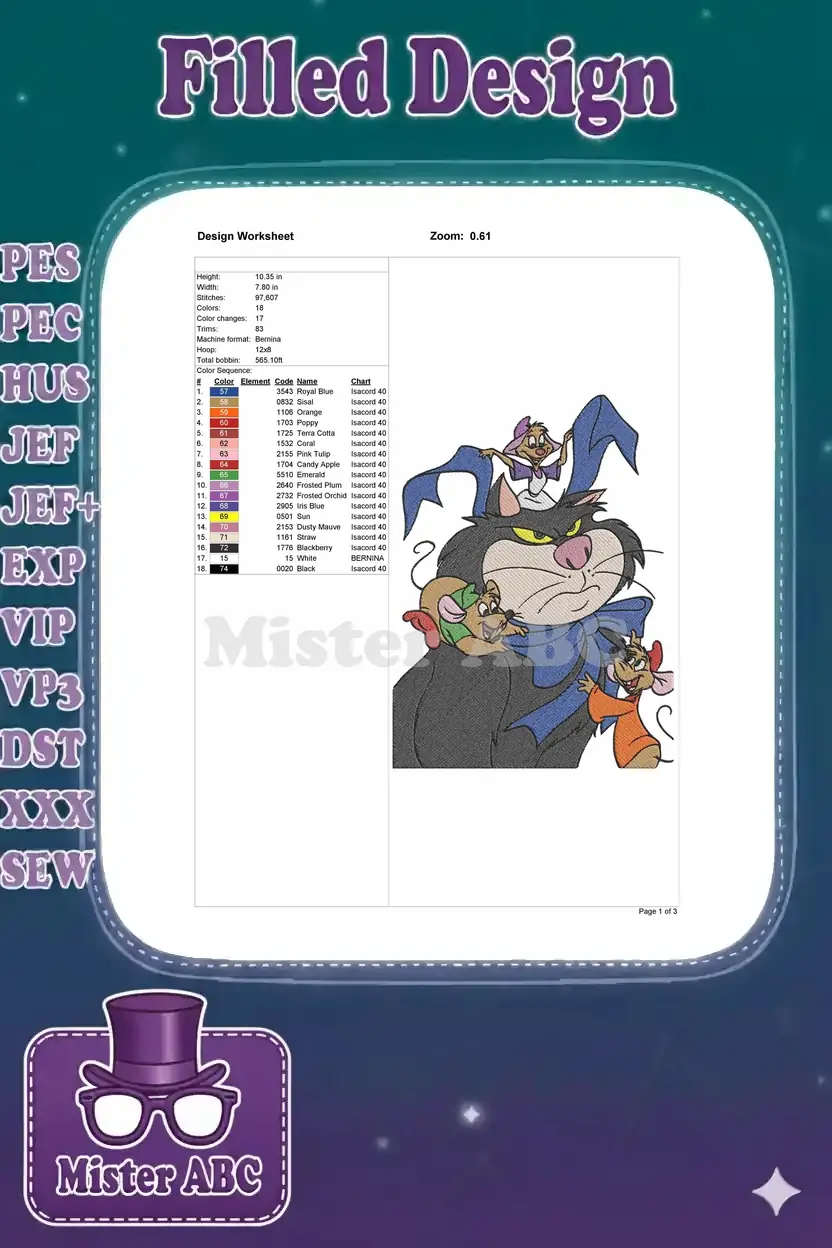Embroidery design worksheet for Cinderella characters, showing dimensions, stitch count, and color sequence.