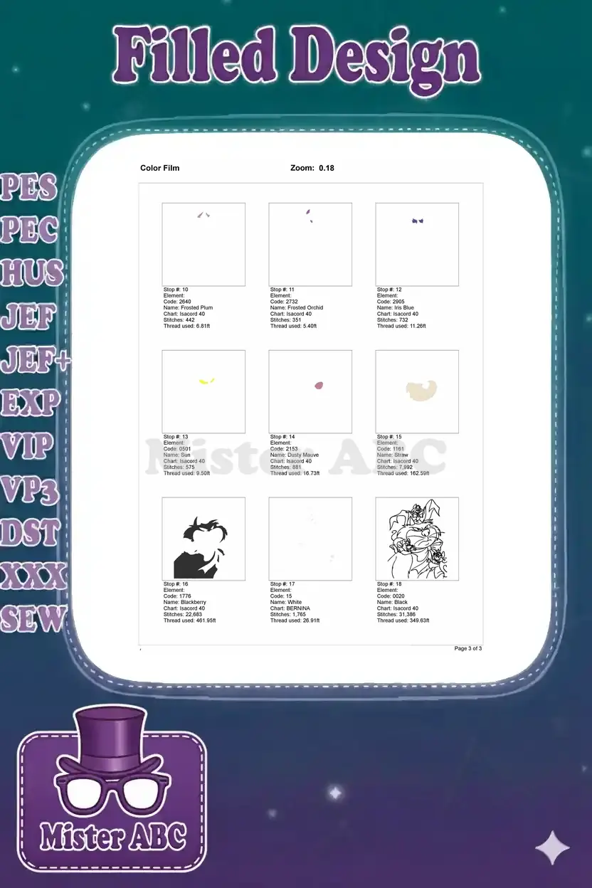 Color film breakdown for Cinderella embroidery, showing the remaining color elements and final outline.