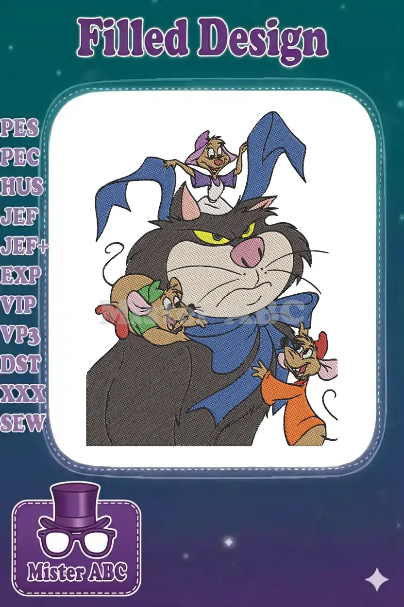 Embroidered design of Disney's grumpy cat Lucifer with mice Jaq, Gus, and Perla from Cinderella, vibrant colors.