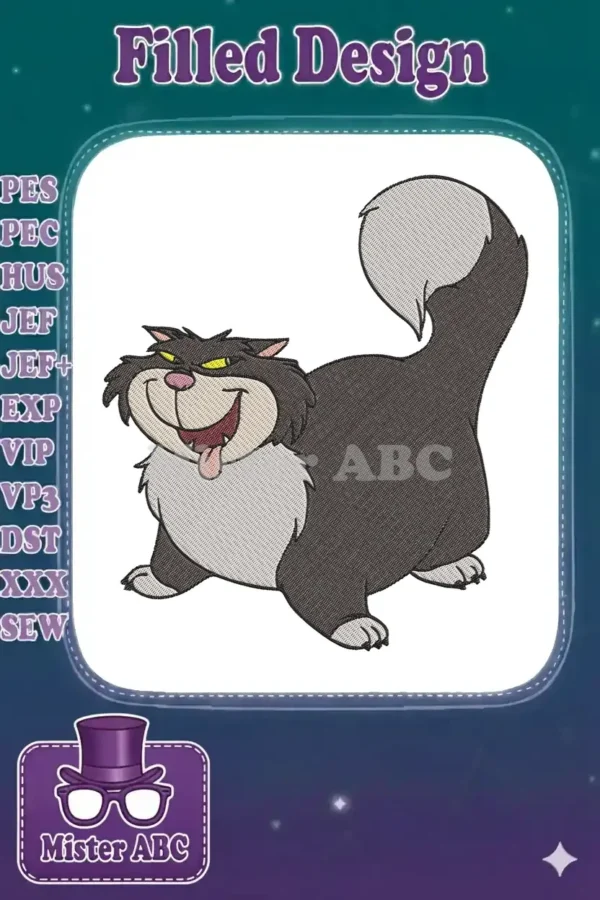 Mischievous Gideon cat embroidery design with detailed fur textures, featuring a playful grin and expressive yellow eyes.