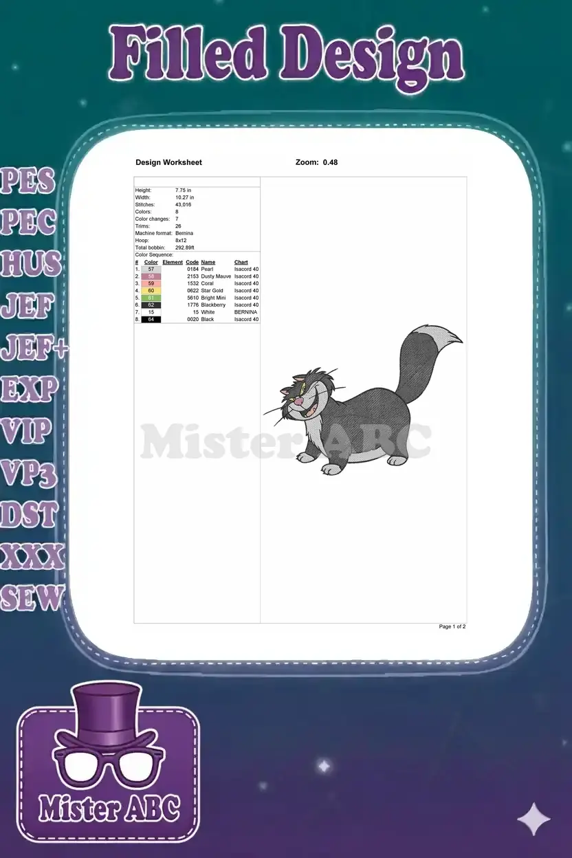 A design worksheet for the Lucifer cat embroidery, detailing dimensions, stitch count, and color sequence.