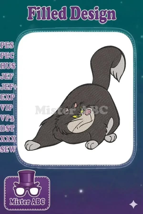 A detailed embroidery design of Lucifer, the grumpy black cat from Disney's Cinderella, in a distinctive stretch pose.