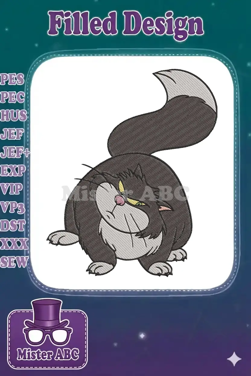 A detailed embroidery design of a plump, grumpy black cat with green eyes and a long, curved tail.