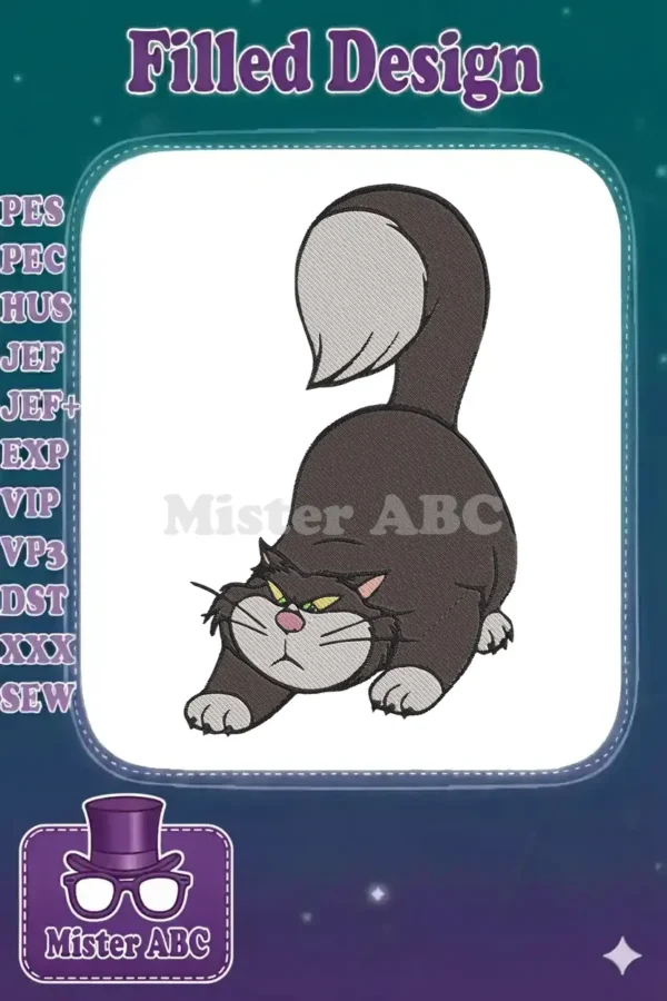 Aggressive black cat embroidery design, stretching with a mischievous, angry expression, detailed stitching.