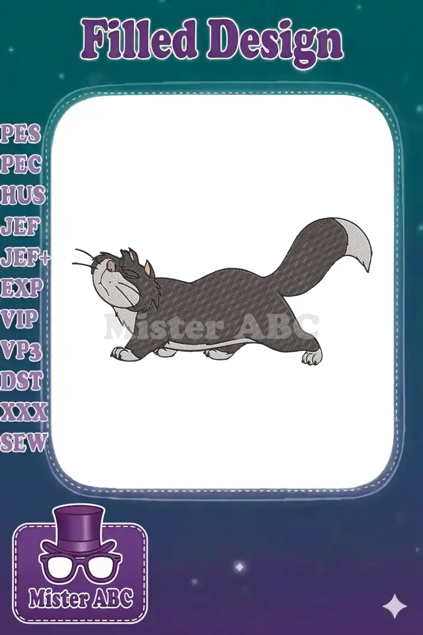 Vibrant embroidery of a mischievous black and white cartoon cat in a playful, crouching posture, ready for action.