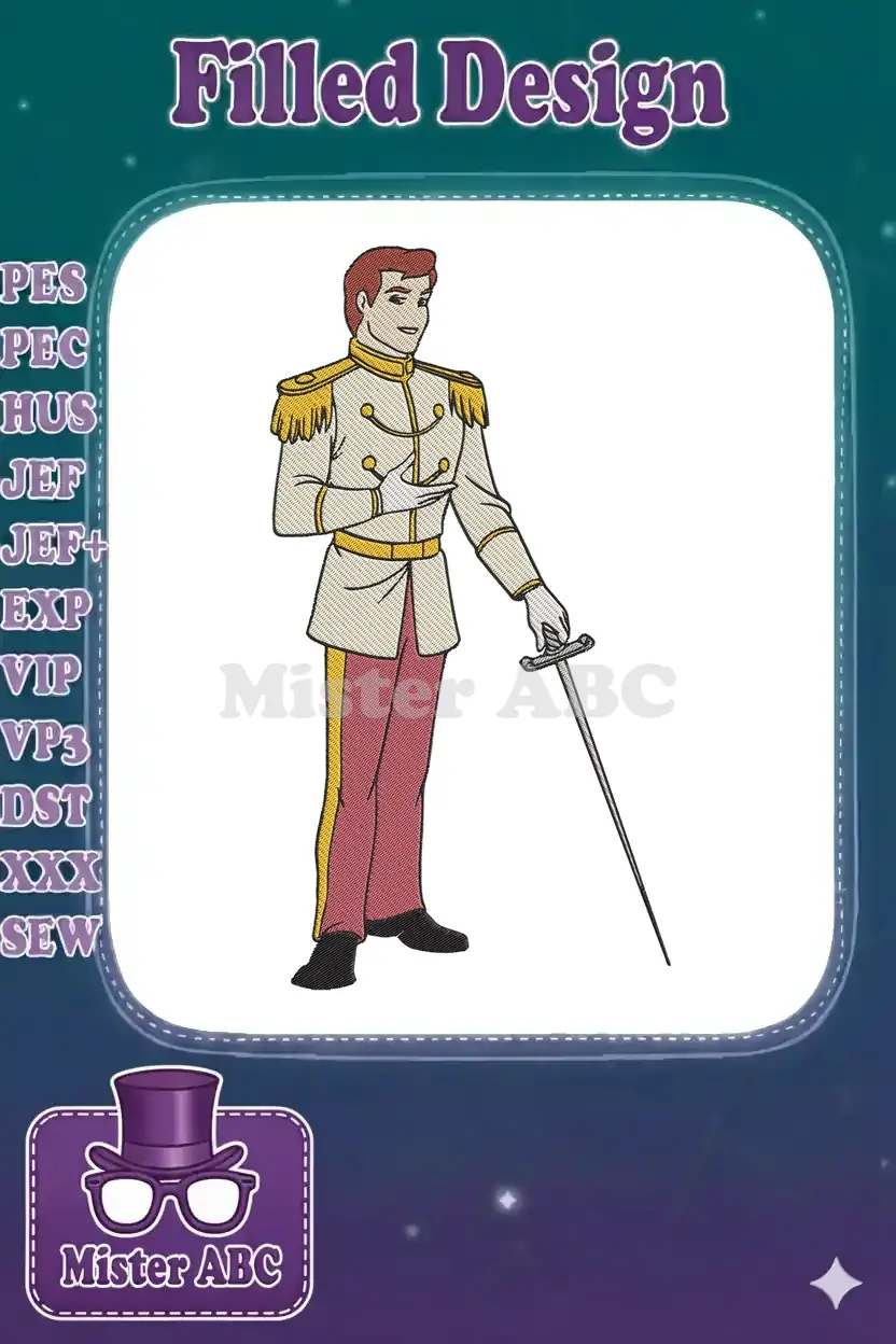 A captivating embroidered design of Prince Charming, standing tall in his cream and red royal uniform with a sword.