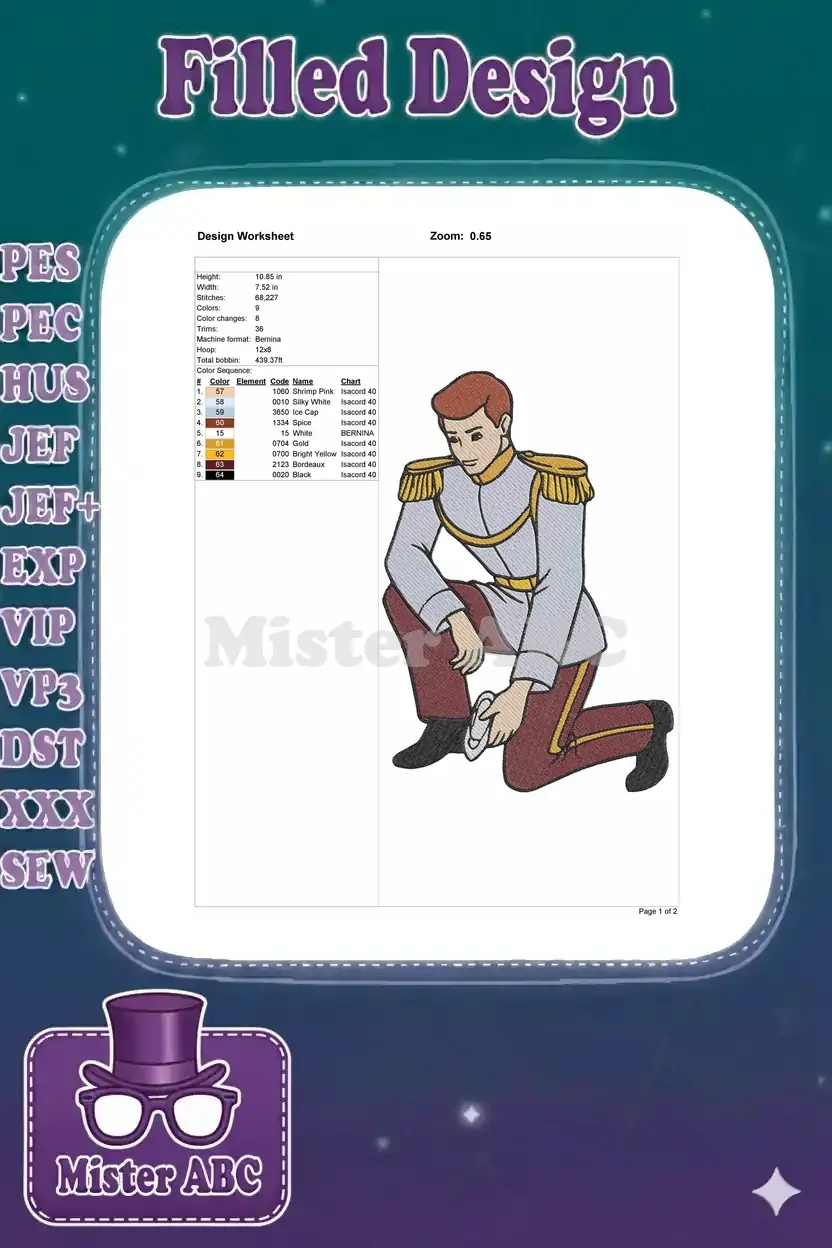 Embroidery design worksheet for Prince Charming, detailing dimensions, stitch count, colors, and thread codes.