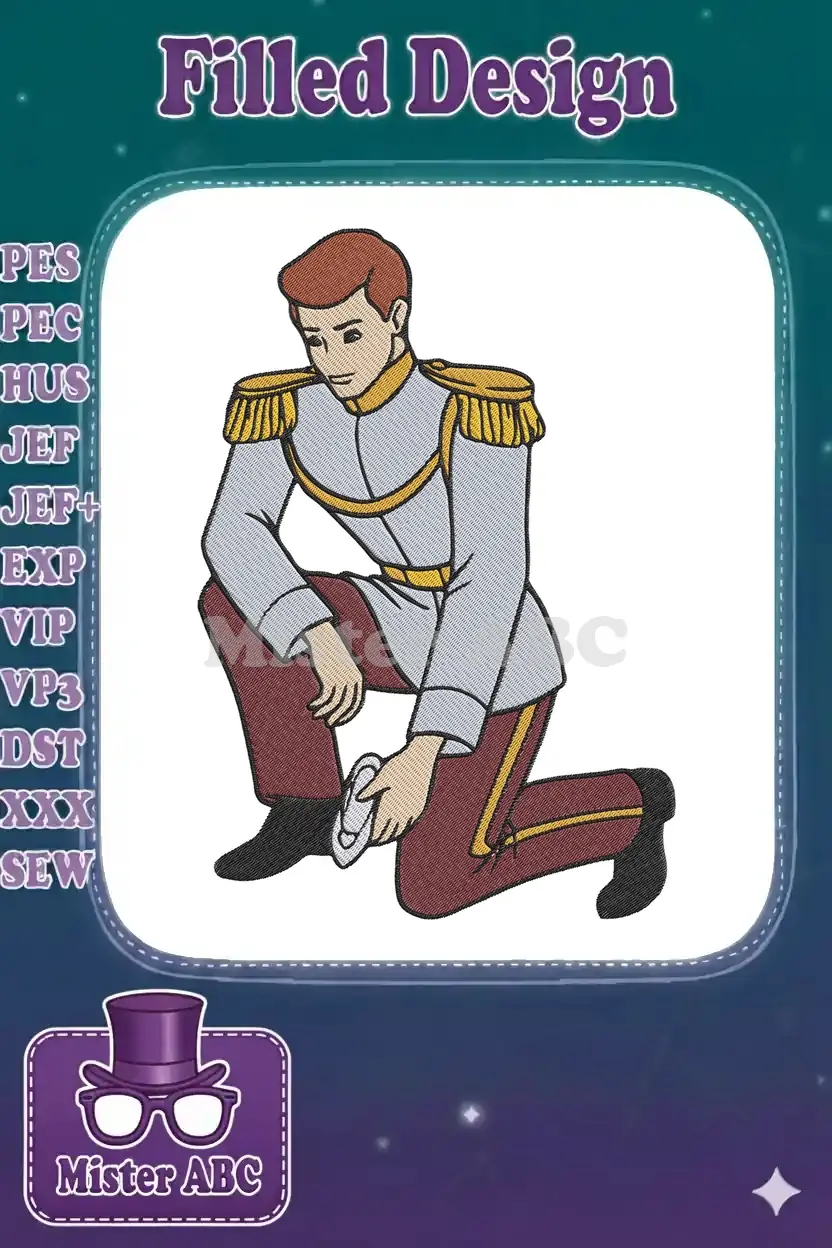 Detailed embroidery of Prince Charming from Cinderella, kneeling with the glass slipper, ready for his princess.