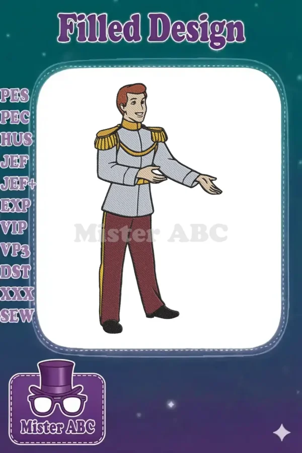 Full-length embroidery design of Prince Charming in his iconic light blue jacket, gold epaulets, and red pants.