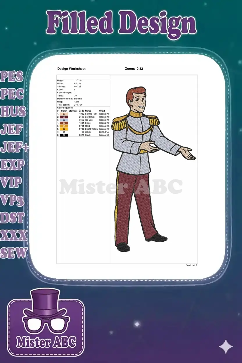 Embroidery design worksheet for Prince Charming, detailing dimensions, stitch count, color changes, and thread colors.
