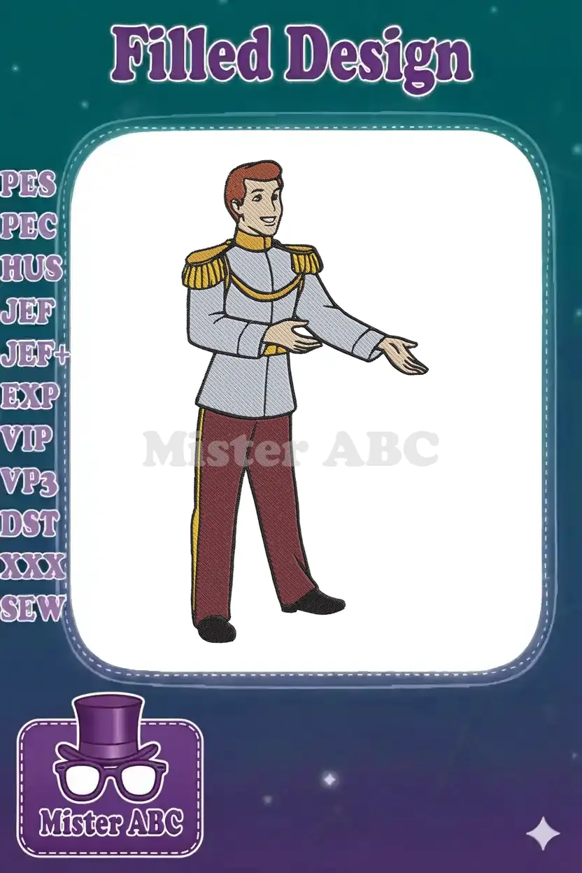 Full-length embroidery design of Prince Charming in his iconic light blue jacket, gold epaulets, and red pants.