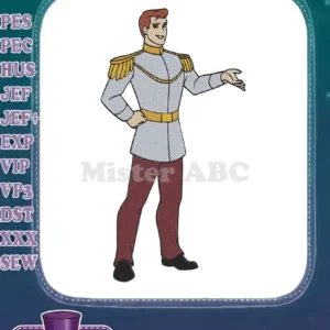 Full-body embroidery design of a charming prince in a blue and gold uniform, smiling and gesturing.