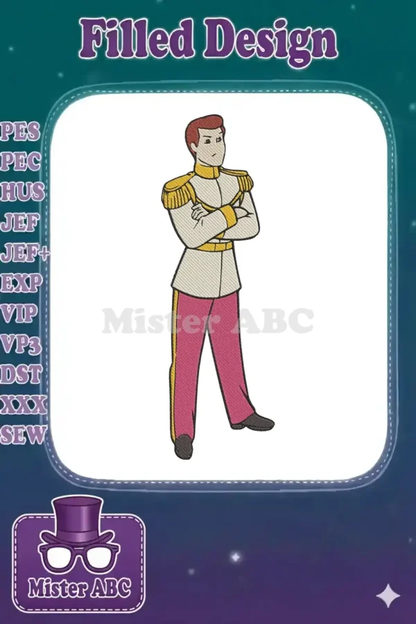 Full-body embroidery design of a handsome prince in a cream and gold uniform, with pink pants, arms crossed.