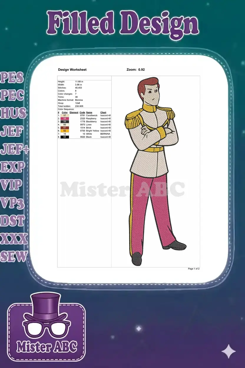 Technical design worksheet showing dimensions, color sequence, thread codes, and a small image of the prince design.