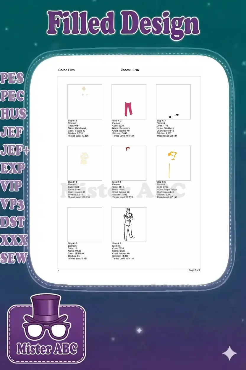 Color film breakdown showing each individual color layer and its stitch order for the prince embroidery design.