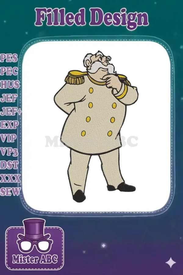 Captain Hook embroidery design in a thoughtful pose, featuring cream uniform, gold accents, and detailed stitching.