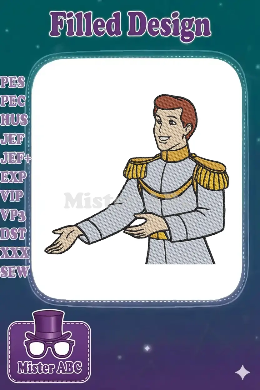 A vibrant embroidery design featuring a smiling prince in a blue uniform with gold epaulets, extending his hands.