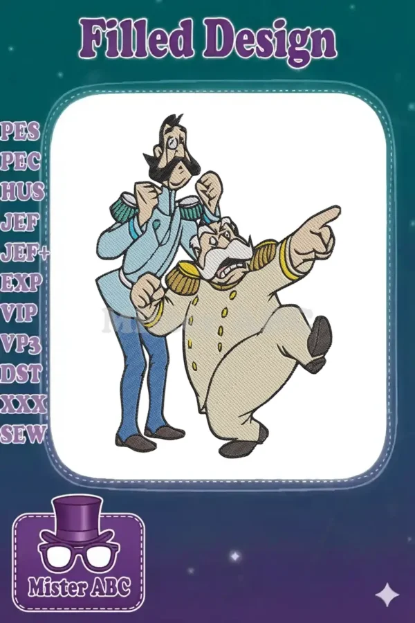 Vibrant embroidery of two cartoon men in military uniforms; one stout, pointing angrily, the other slim, looking surprised.